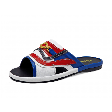 Men Sandals SKF-40 Blue Nappa-White Pebble grain-Red Nappa Microfiber Leather
